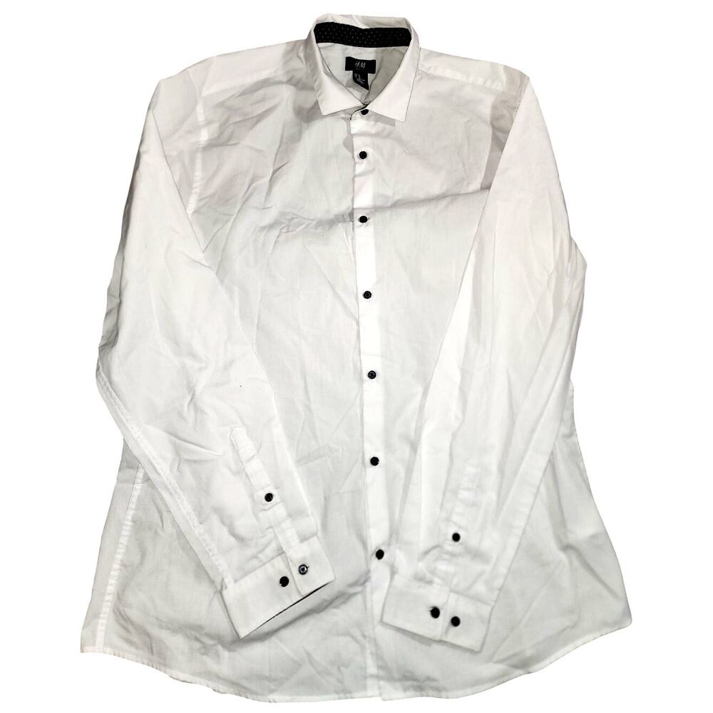 H&M Men's Long Sleeve Button Down White Collared Slim Fit Shirt Size XL